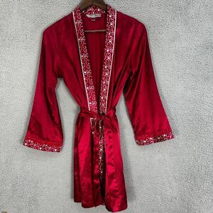 Morgan Taylor Intimates Robe Womens XS Red Satin Hearts Lace Romantic Feminine